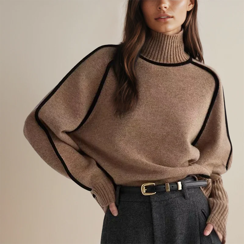 Alva | Oversized Tröja med Hög Krage och Kontrasterande Kantband