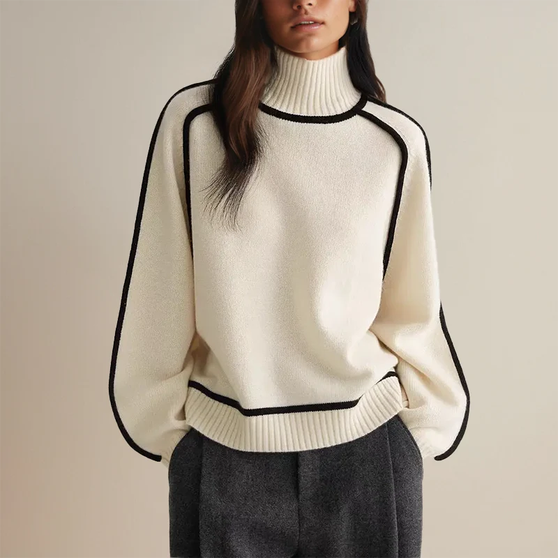 Alva | Oversized Tröja med Hög Krage och Kontrasterande Kantband