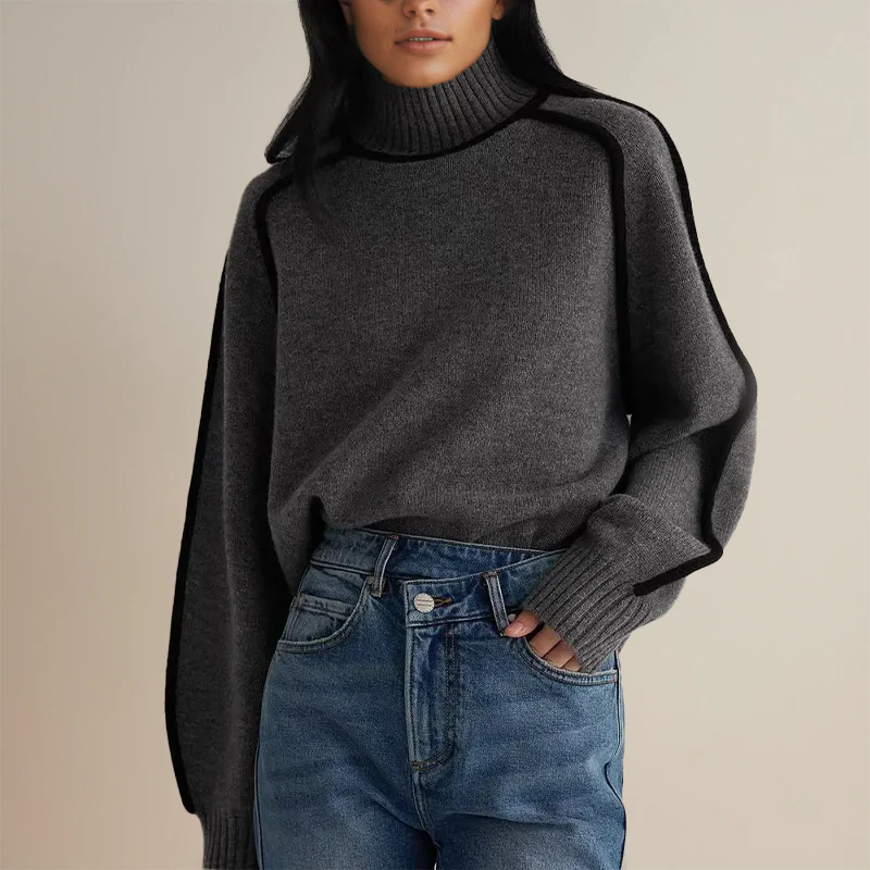 Alva | Oversized Tröja med Hög Krage och Kontrasterande Kantband
