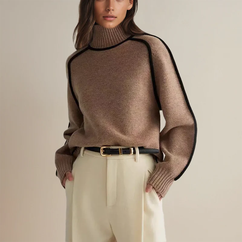 Alva | Oversized Tröja med Hög Krage och Kontrasterande Kantband