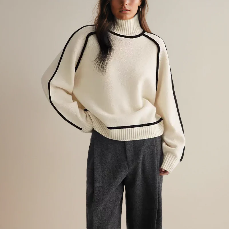 Alva | Oversized Tröja med Hög Krage och Kontrasterande Kantband