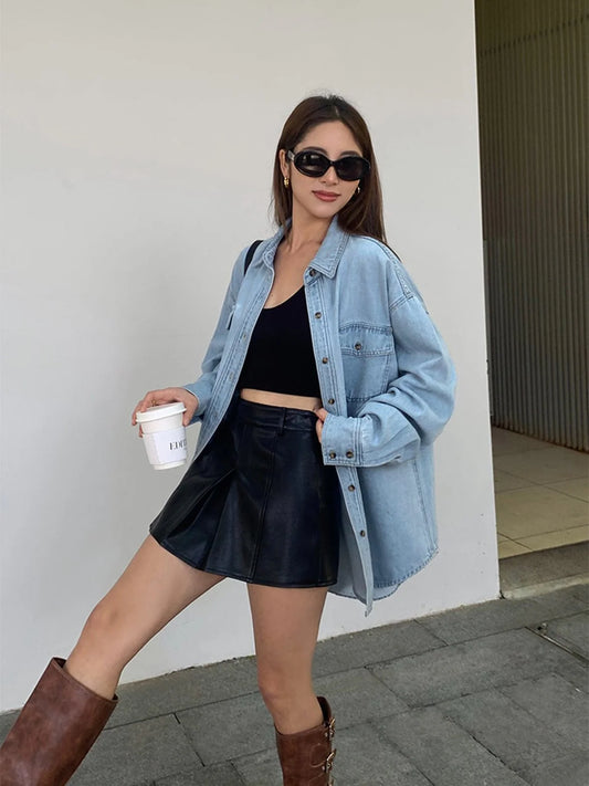 Nora | Oversized Jeansskjorta i Ljus Denim